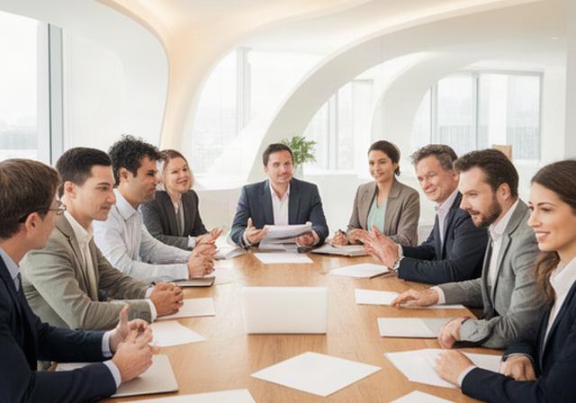 Consultants bespreken een groeiplan aan een houten tafel in een lichte vergaderruimte